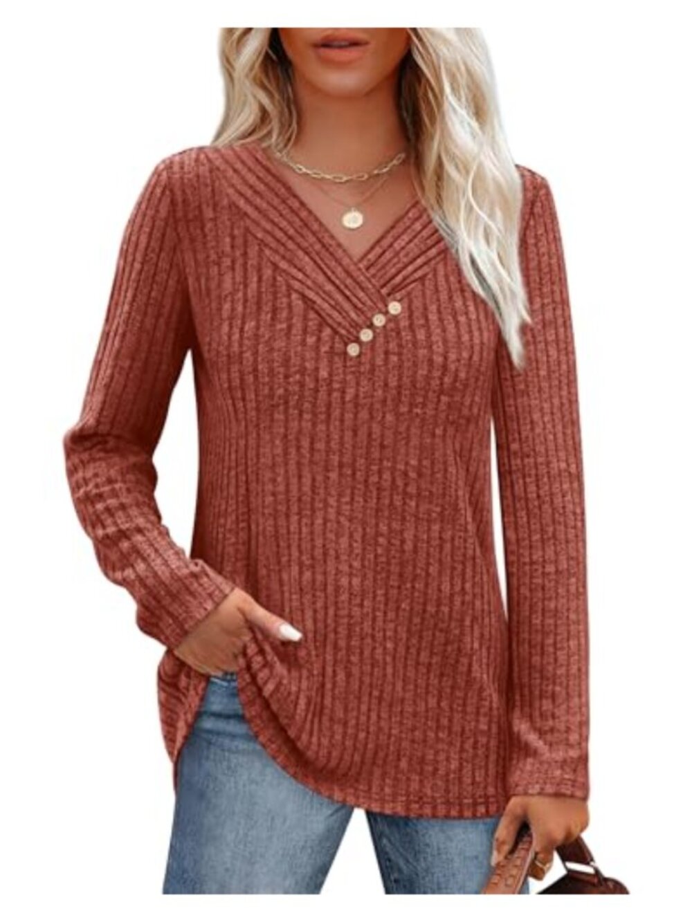 V-Neck Button Detail Long Sleeve Tunic Sweater Lightweight Pullover